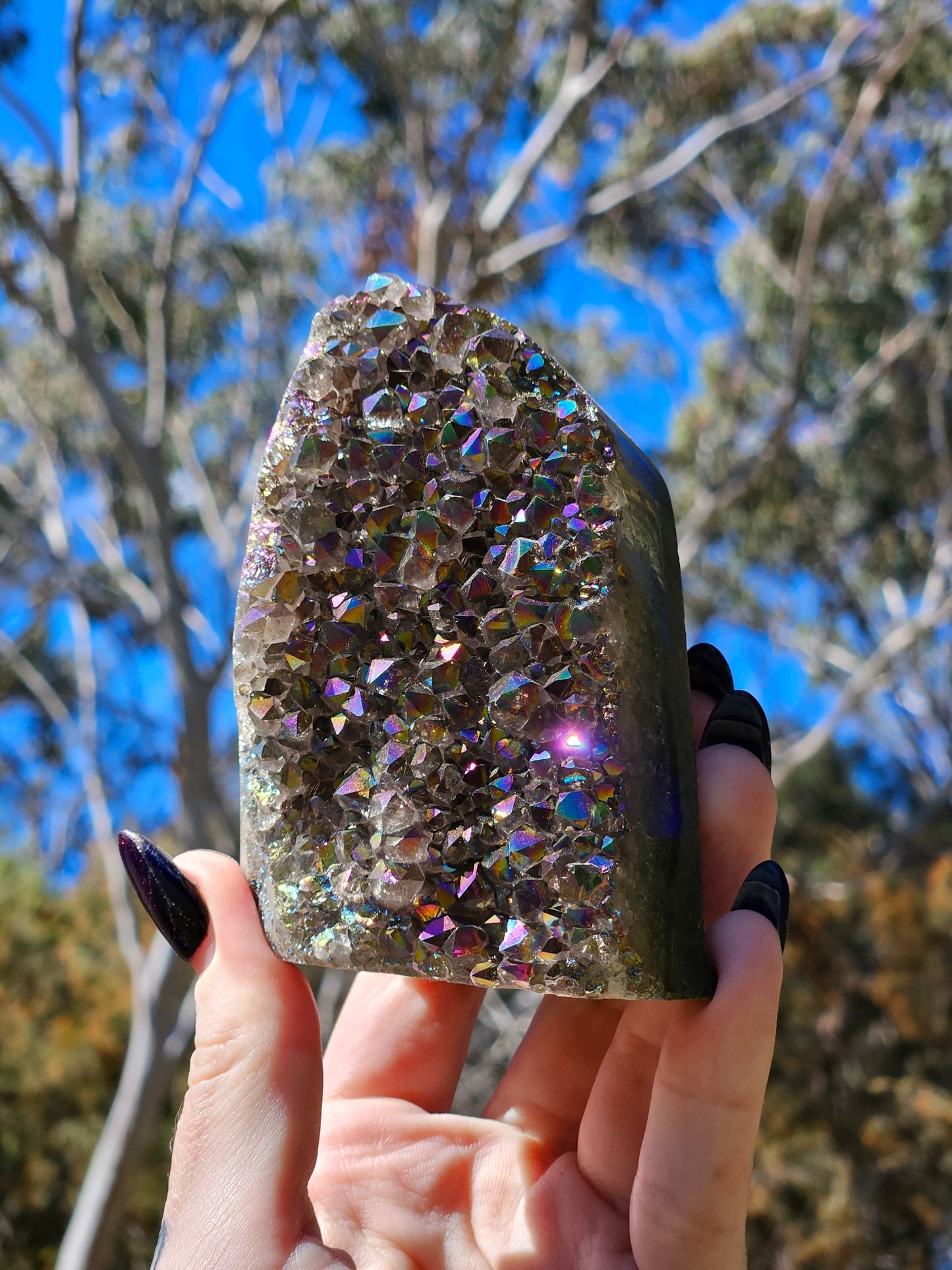 Rainbow Aura Amethyst Base Cut Cluster from Brazil