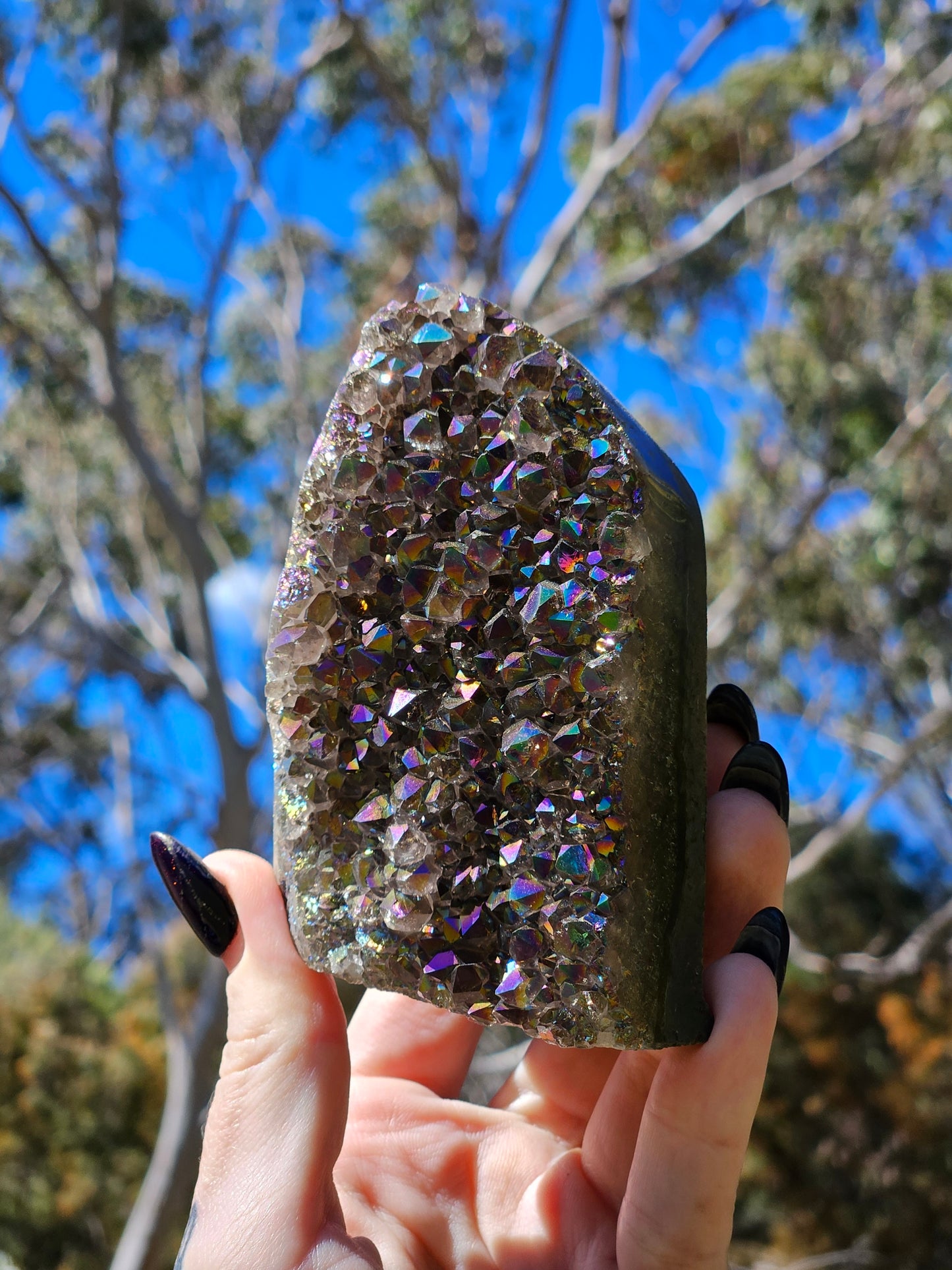 Rainbow Aura Amethyst Base Cut Cluster from Brazil