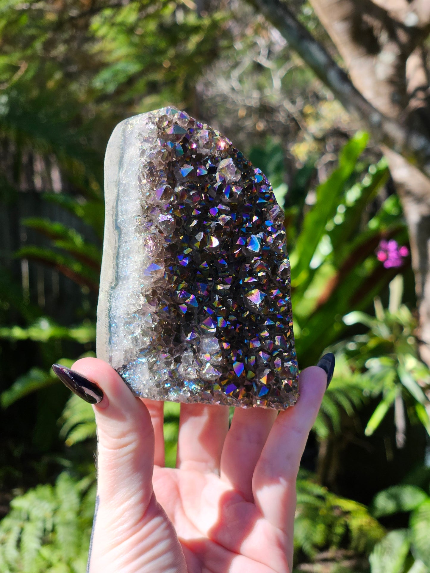 Rainbow Aura Amethyst Base Cut Cluster from Brazil